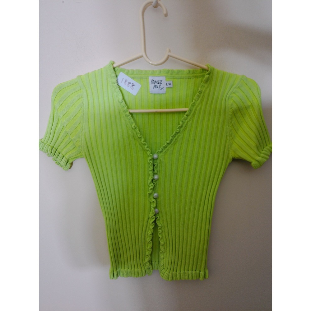 Princess Polly Cardigan Womens S/M Lime Green Ribbed Lettuce Trim Cropped Y2K